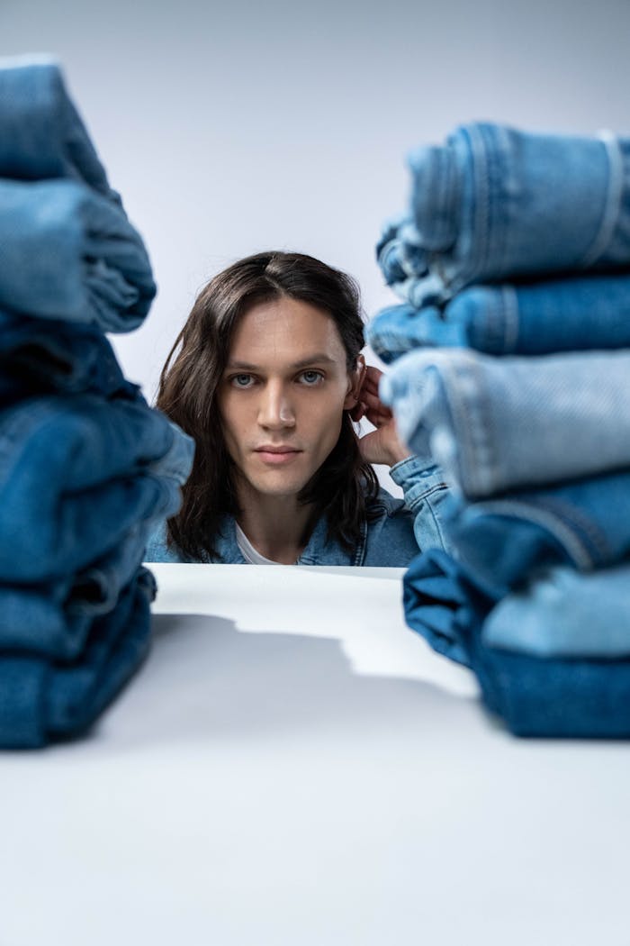 Portrait of a fashion model in a studio surrounded by stacked denim jeans, showcasing casual style.